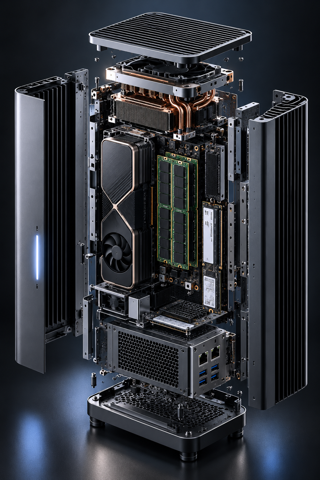Conceptual exploded Helm Edge render showing cooling, compute, memory and power components
