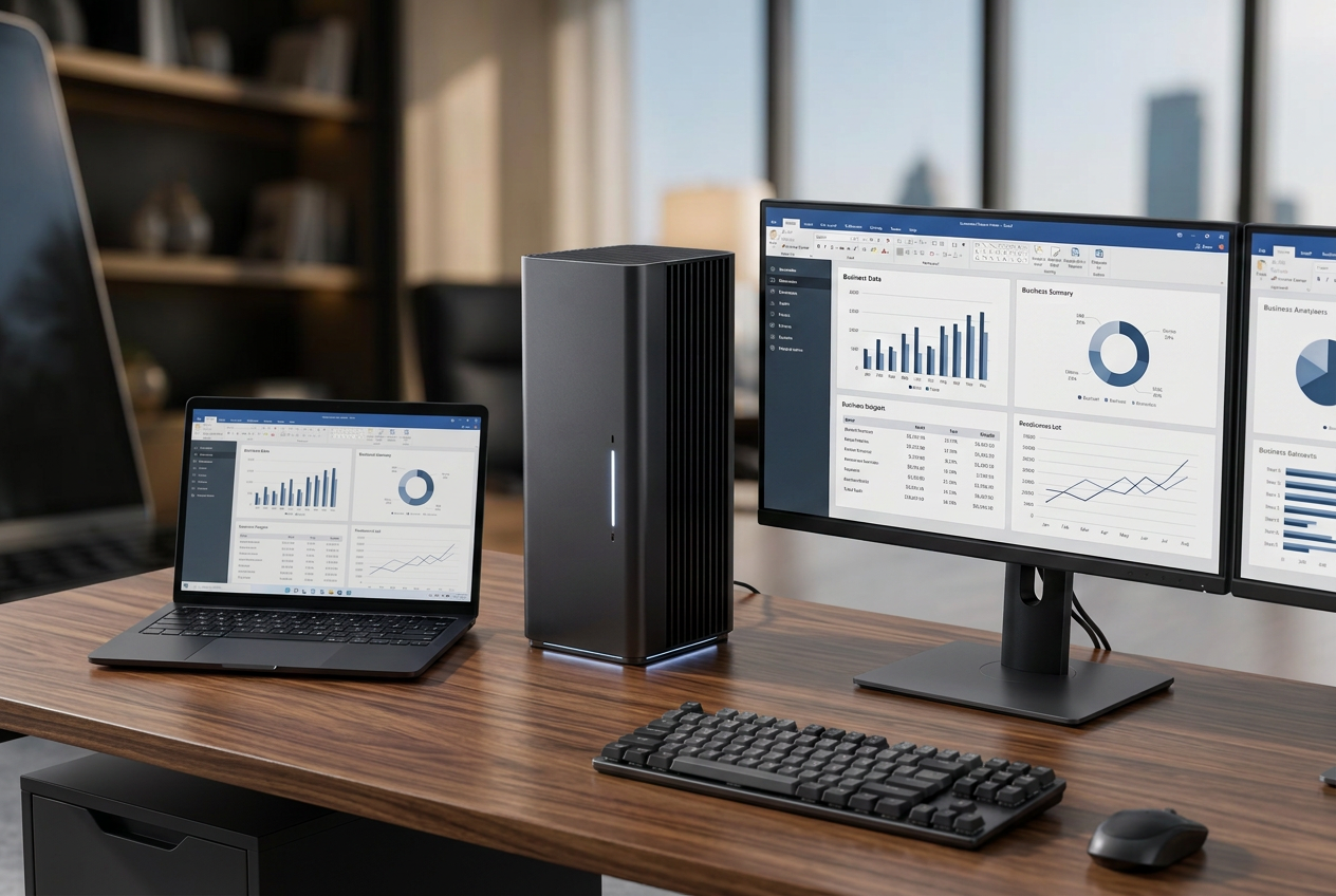 Helm Edge on a walnut office desk beside a laptop and desktop monitor for approximate size comparison